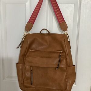 Brown Leather Backpack with Pink Straps